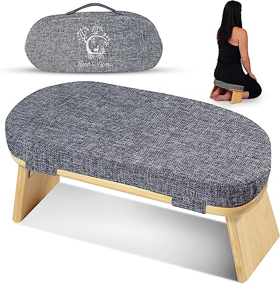 Monk & Llama Meditation Bench - Foldable, Ergonomic, Bamboo Kneeling Stool with Extra Thick Comfortable Cushion — Perfect Seiza Bench Meditation Stool Chair for Prayer & Travel - Deeper, Longer & Enjoyable Floor Meditation Sessions